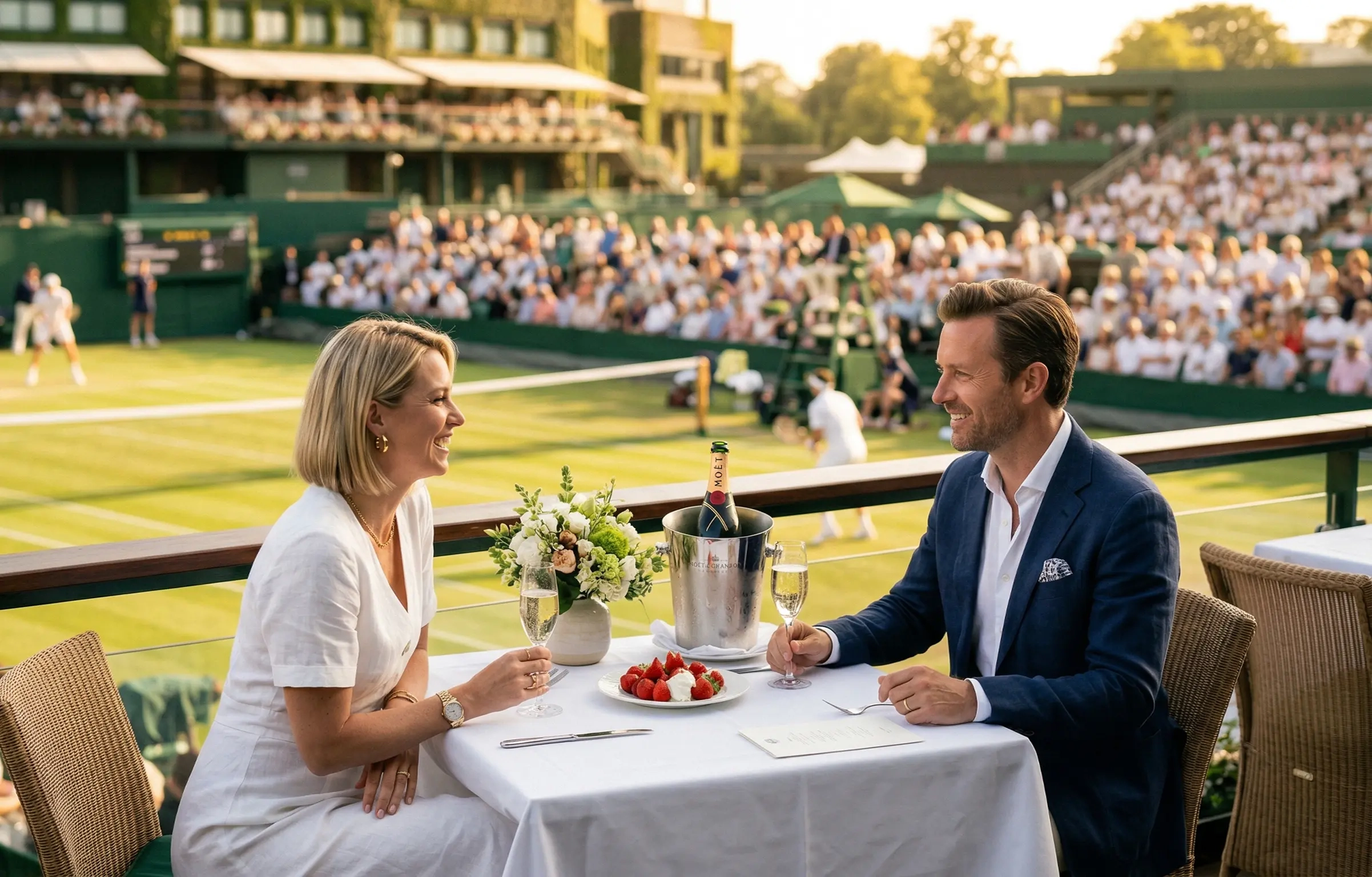 Cinematic wide shot of a world-class tennis stadium